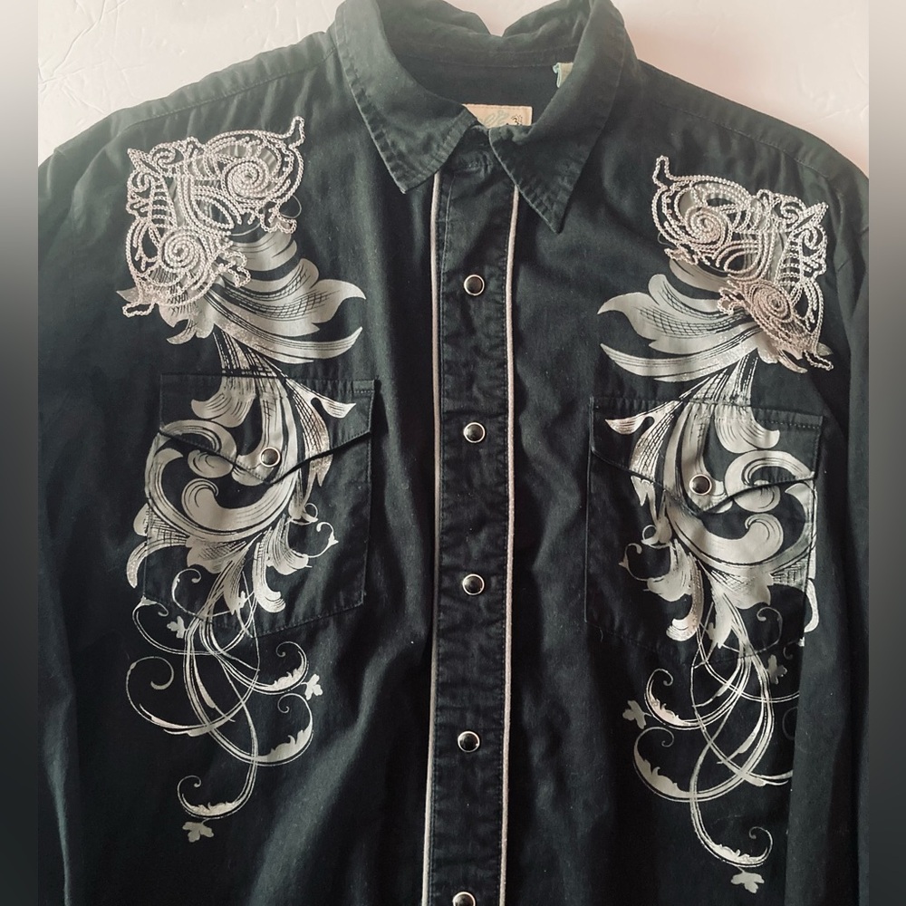 Roper SZ L  Black Cowboy Shirt with White-Silver Embroidery 100 Percent Cotton